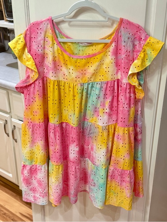 Blakeley Tops - Blakeley Eyelet Tie-Dye Ruffle Sleeve Tunic